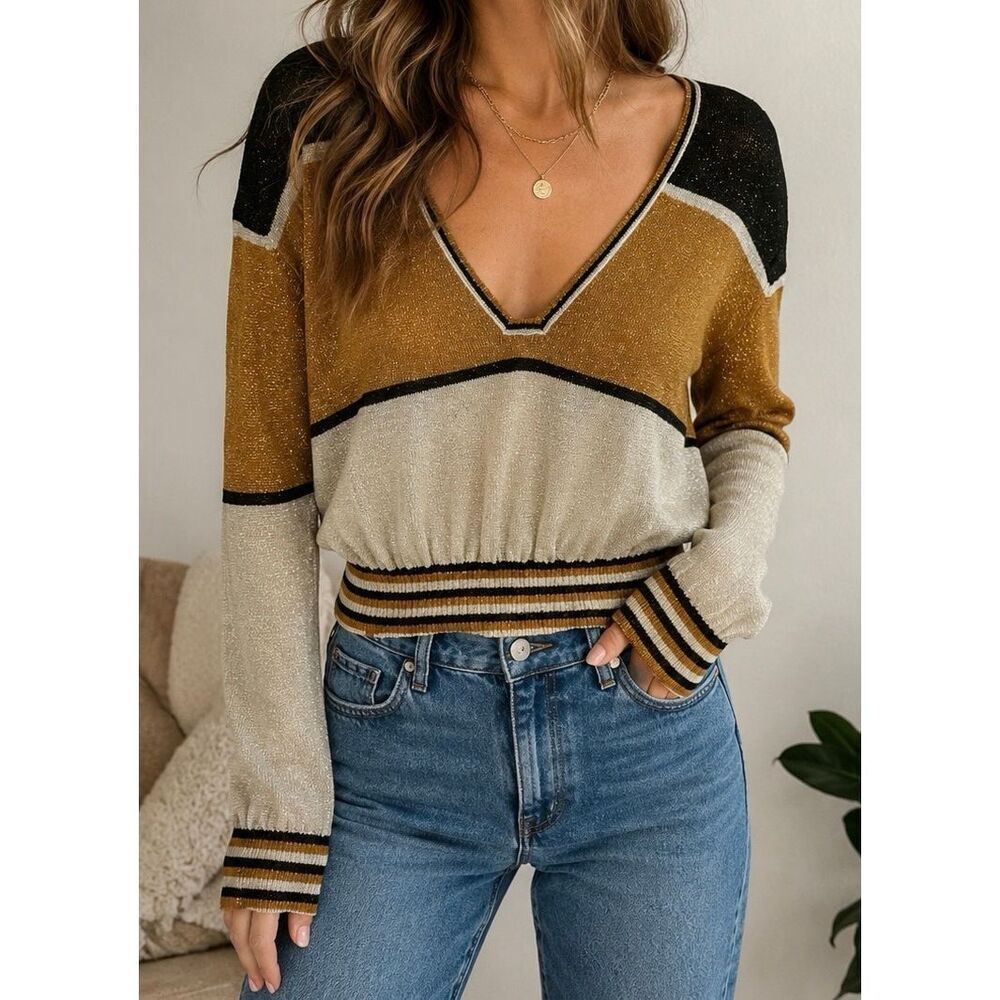 Free People Shimmer Colorblock Knit Sweater Small Cropped V-Neck Boho